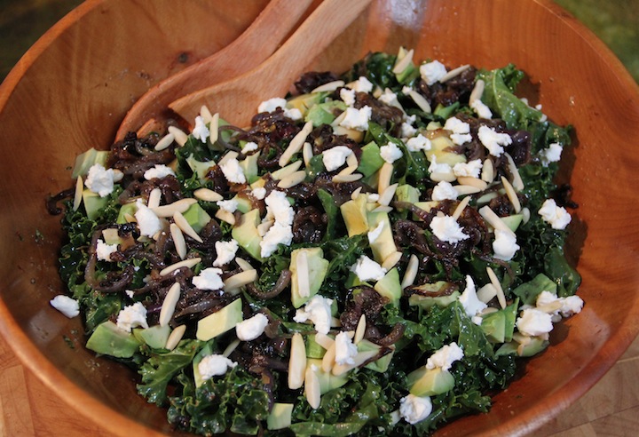 kale-salad-with-caramelized-onion-goat-cheese-and-avocado
