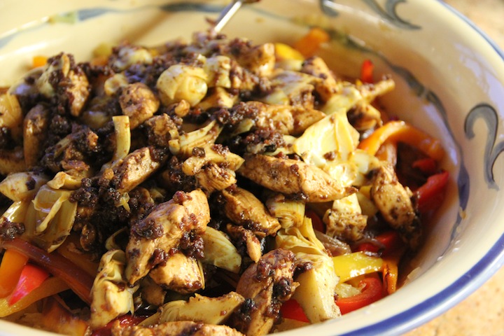 spaghetti-squash-with-chicken-peppers-artichoke-hearts-and-sun-dried-tomatoes